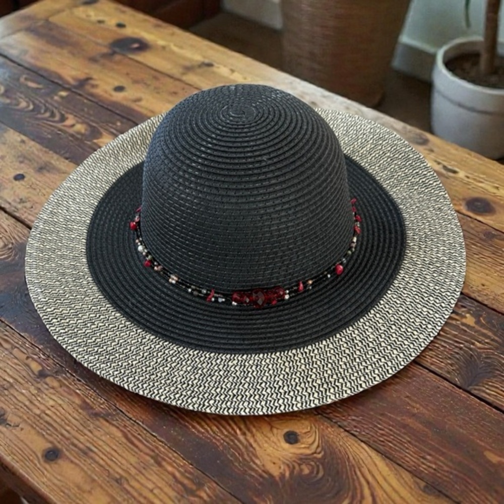 Elegant Black and Gold Floppy Straw Sun Hat with Hand Beaded Band